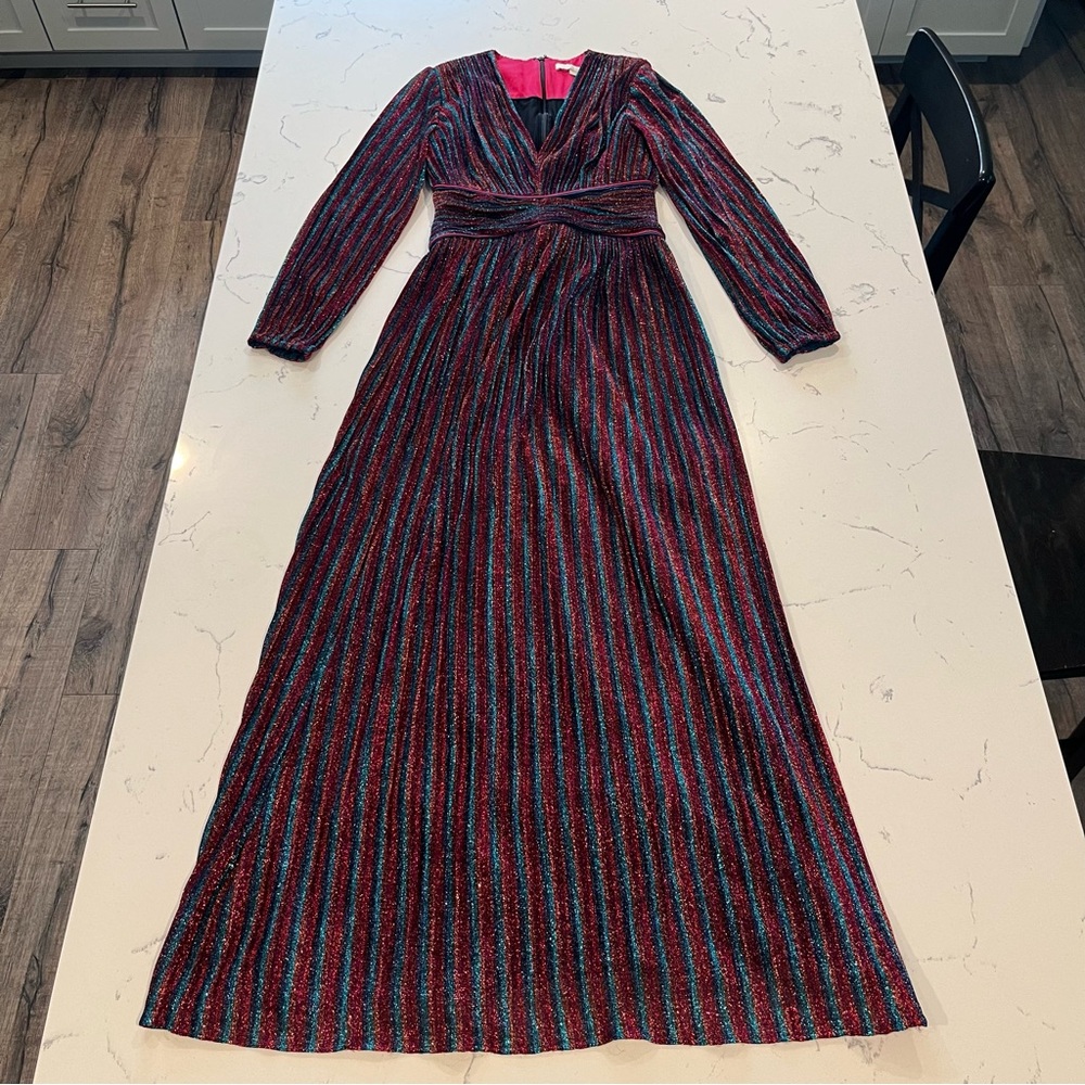 2741 Jonathan Simkhai Rainbow Metallic Pleated Long Sleeve V-Neck Party Gown 4 - Picture 3 of 9